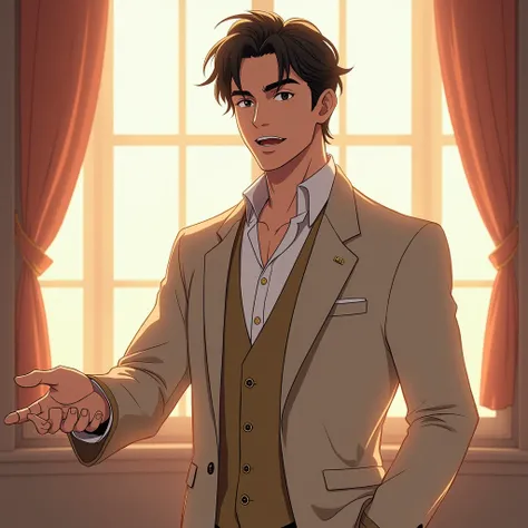 The man of destiny 　Beautiful Men　Elegant　 holds out his hand here　 smiles lovingly 　anime　