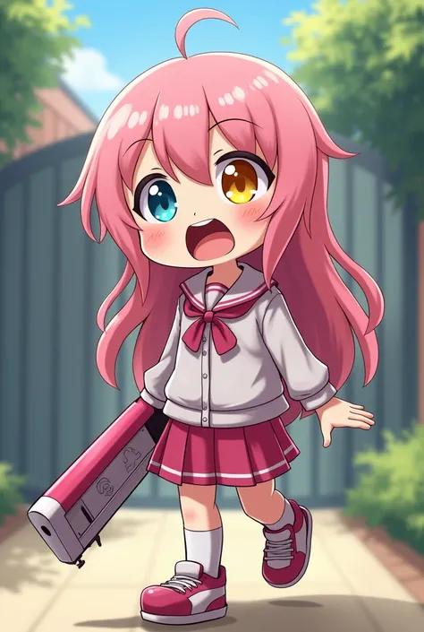 A  old student studying at Abydos High School baby boy with long pink hair ,  has yellow eyes on the right and blue left eye and is walking and yawning and is 1m50 cute cute dressed Abydos school student wearing pink and white beretta 1301 shotgun 