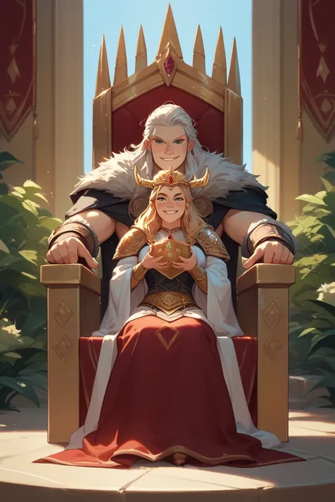 Thor sitting on a golden throne with a crown and robes of a Viking king with his hammer in his right hand and with his daughter in his arms smiling