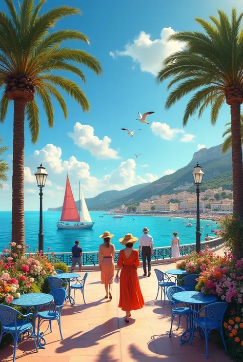 Photo de la magnifique promenade des Anglais à Nice, ensoleillée et remplie de belles fleurs de toute les couleurs et de magnifiques pins parasols partout, avec des magnifiques chaises bleues traditionnelles en fer forgé face à la mer, et des magnifiques t...