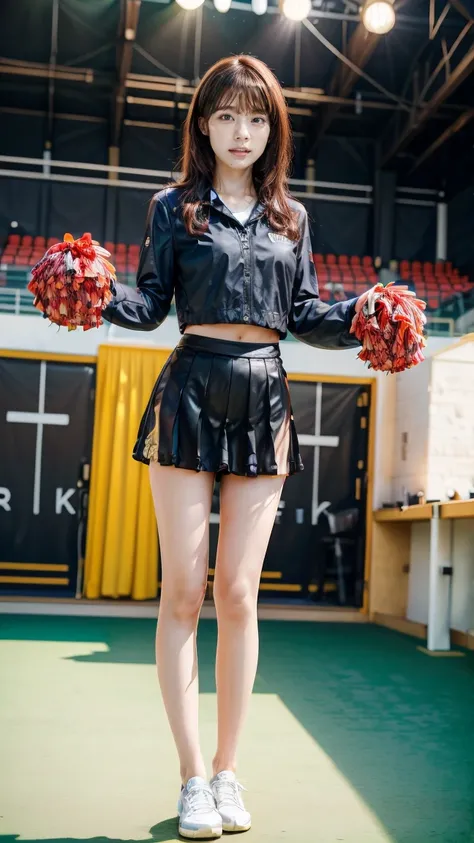 A beautiful young Japanese woman, 20 years old, with perfect anatomy, healthy thighs, beautiful feet, flawless skin, random hair color and style, large bust, (she is standing:1.2), wearing a cheerleader uniform with micro-pleated miniskirt, in a full body ...