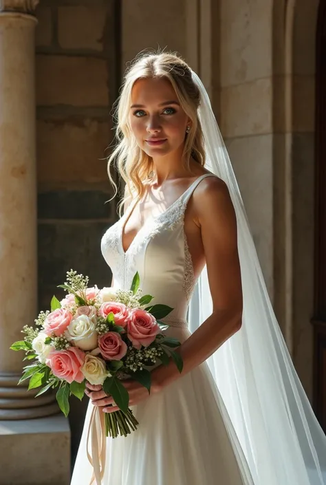  Create a picture with a blonde woman in a wedding dress. She has blue eyes. She is standing in an old church from the 19th . century.  She has a beautiful bouquet of flowers in her hand 