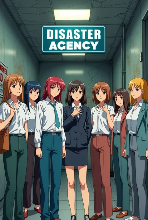 An early 1990s style, Toei Anime Studio Style, Urban Fantasy Anime Scenic Still, cel shaded, bold outlines, a scene of a the inside of a cracked predominamtly female disaster agency office with women of different ages, some wearing casual clothes, some wea...