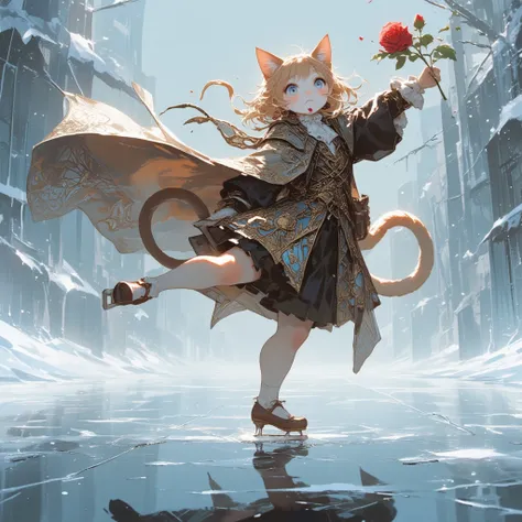 A cute and chubby cat holding a rose in its mouth, performing a dynamic skating pose on a frozen lake. The cat stands on one paw, with the other leg extended gracefully behind it in an arabesque position. One front paw is raised slightly as if balancing, w...