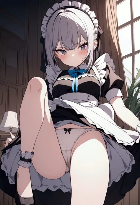 A girl dressed as a maid shows off her panties with an unhappy expression on her face 