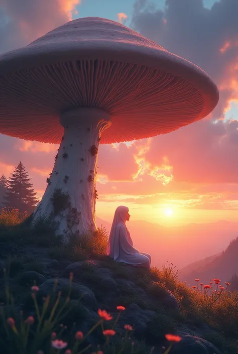  sitting under the big tree of mushroom. So magical and so beautiful view in sunset