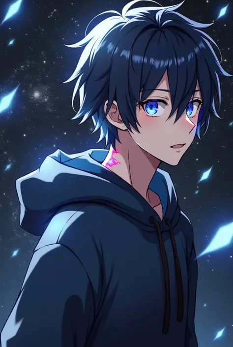 A beautiful anime 18+boy with deep blue hoodie,
Black-deep glowing blue hair,left glowing blue and 
right glowing galaxy blue eye with a glowing red cut