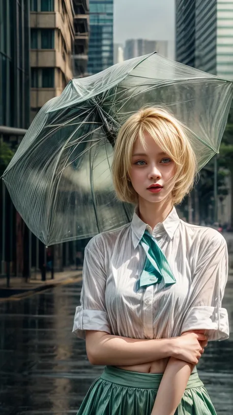 1 Girl, blond, Short hair,  blue eyes ,  white shirt , Green tie, Green Skirt, City, rain,  detailed background 