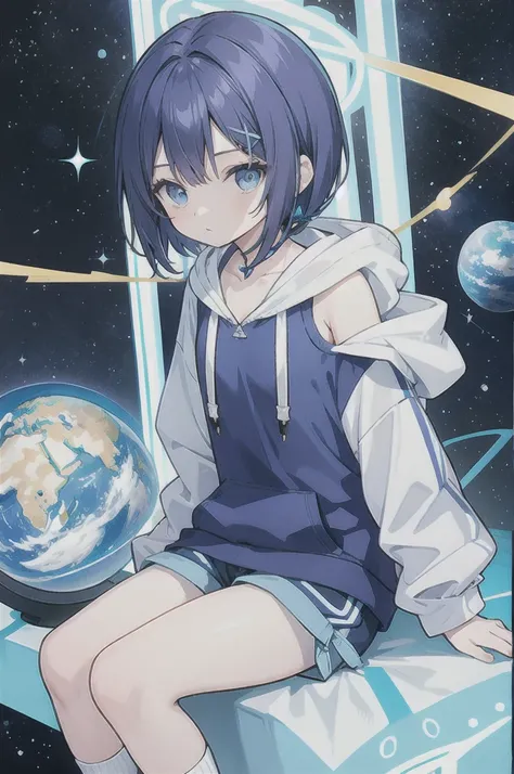 Dark blue bob hair、blue knee-length shorts with side tail on left side 、Light blue eyes、Round eyes、Baby Face、Planet-shaped hairpin 、 light blue shoulder hoodie 、 braided ribbon on the sleeve of the hoodie 、The hoodie string is a bow 、 blue knee-length shor...