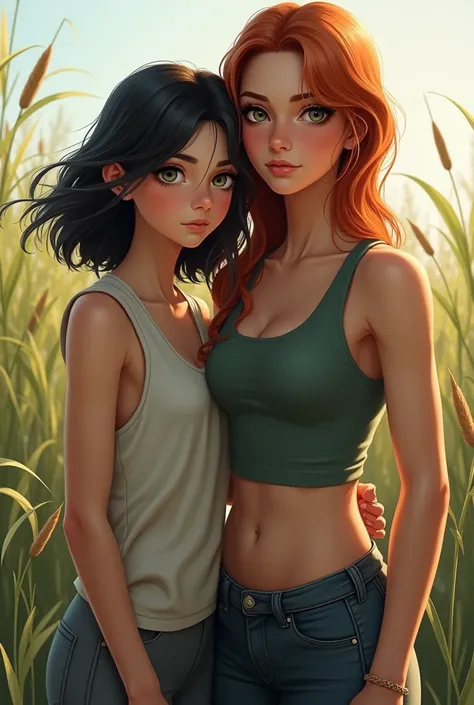 girl, s,  dark hair , marsh eyes . standing next to mom(red shoulder length hair,  grey eyes , high, Sports).  realistic picture