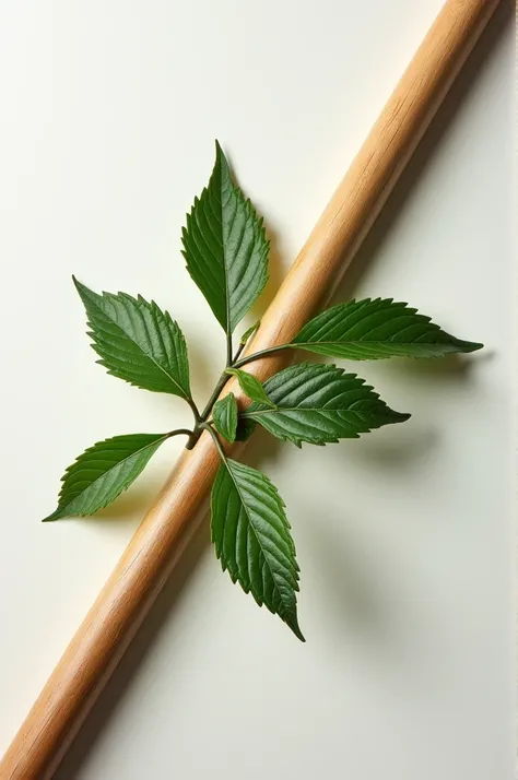 Create an image of a solid wooden hockey stick next to a few medicinal leaves, photography.