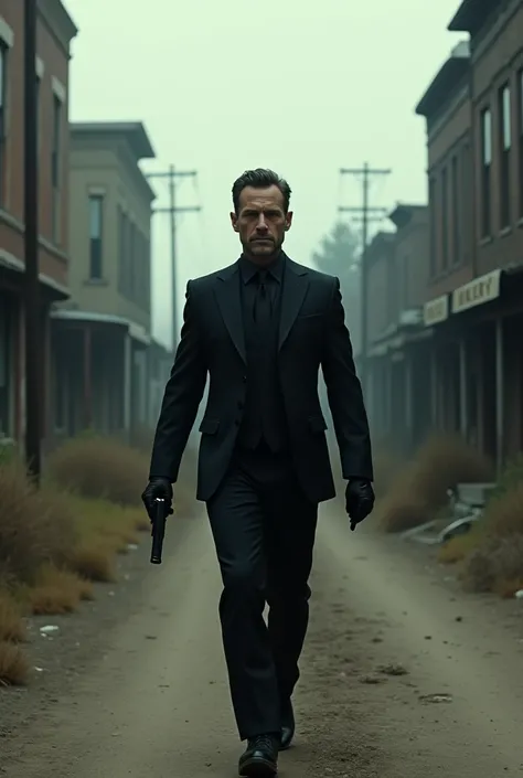 Make a scene . A Jude Law armed with a gun and wearing a uniform black suit.  Walking down the street of a ghost town