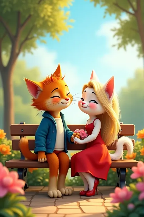 

"Two anthropomorphic cartoon-style cats sitting on a park bench in a bright, colorful outdoor setting. One cat is a male with orange fur, wearing a blue jacket and white shirt, holding the female cats hand. The female cat has white fur, wears a red elega...