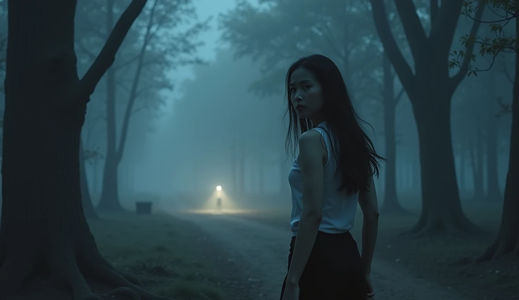 Draw in a traditional Thai style. "Dao" is dressed as before, her body slightly tense as she looks over her shoulder with widened eyes and parted lips, as if startled by an unseen presence. Her flashlight shines ahead, cutting through the fog. The backgrou...