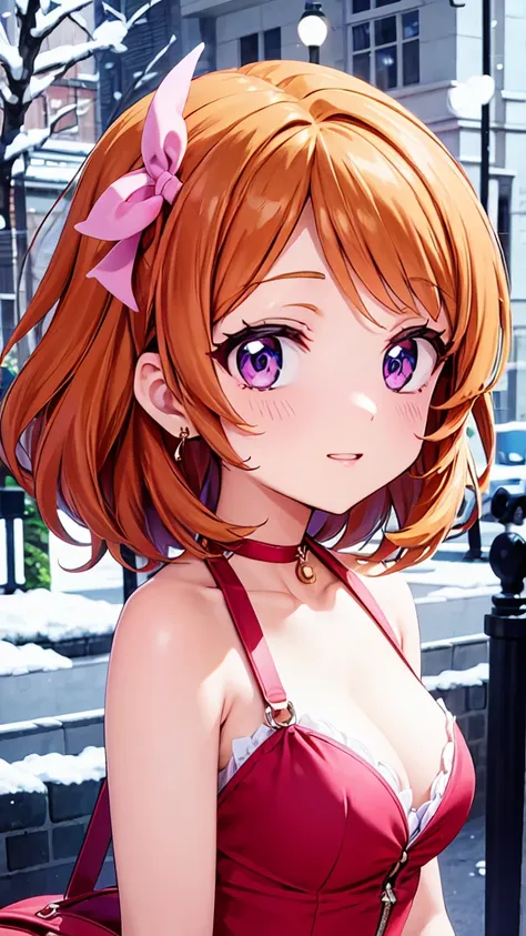  orange hair，One person， pink ribbon，Akari Ozora，((masutepiece)), ((Best Quality)), (Ultra-detailed), anime style ，Idol Academy ，consider，Aikatsu characters， Official Anime Item ， breast size is c cup，With a snowy night in the background，8k，4K，16k， high sc...