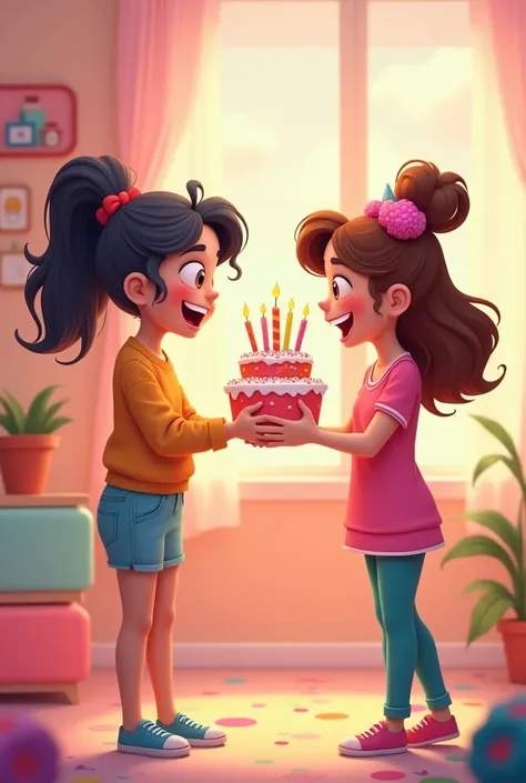 Cartoon teen girl holding birthday cake to girl teen girl close friend