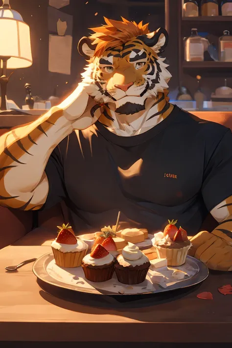 original text,  Detailed , illustration, masterpiece,  extremely detailed unified CG 8K wallpaper , emphasize, Sharpen, Dynamic, Bokeh, Front view，dessert shop，tiger， Orange hair，Hair Tightening ，Cute ears ， muscular ，Wearing a T-shirt，One hand holds a cup...