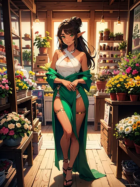 masterpiece, high quality, illustration, extremely detailed, cg unity 8k, ((summer: 1.4)), ((2 women)), standing, (hugging), (full body), (tan exotic skin_complexion:1.4), mature, statuesque, beautiful, exotic, with long elf ears, smiling, (((looking away ...