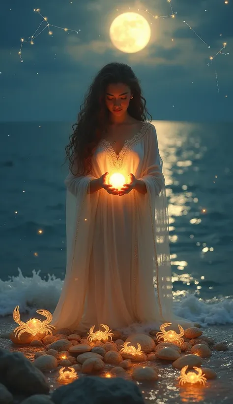 art photo, a serene and nurturing depiction of Cancer (かに座), showcasing their emotional connection to wealth and security. A celestial figure stands by a glowing, moonlit ocean, cradling a radiant golden pearl in their hands. Surrounding them are treasures...