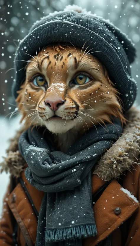 (zPDXL2), (PonyXLV6_Scores), rating_safety, Expressiveh, three-quarter portrait, BREAK
lhata4564, d3t41l3d, 
Anthro, Furry, female cheetah, warm puffy, warm scarf, warm headwear, winter, cold face expression, cold weather, snowfall, blizzard, chattering te...