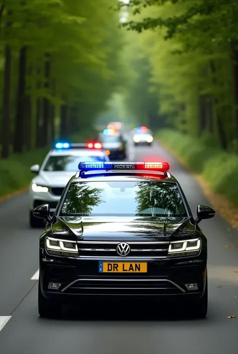 "A convoy of luxury cars on a tree-lined road, with the leading vehicle being a black Volkswagen SUV featuring glowing police lights in blue, red, and yellow on its roof. The license plate of the lead car is yellow with the name DR LAN. The other vehicles ...