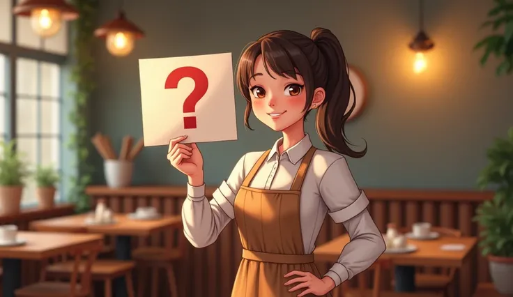 Waiter girl holding a question sign