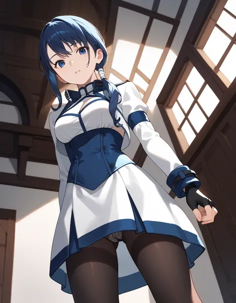 score_9, score_8_up, score_7_up, score_6_up, score_5_up, score_4_up, source_anime, aamerry, long hair, low ponytail, blue hair, blue eyes, white dress, long sleeves, fingerless gloves, black gloves, underbust, black pantyhose, on floor, indoors, from below...