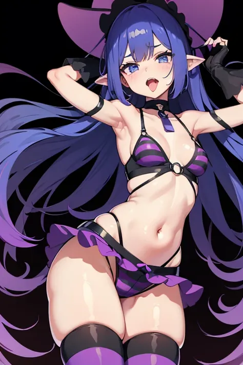 Purple slime pouring down、Striped lillie (pokemon)  、hand on hip, 1girl, breasts, long hair, gloves, shorts, bare shoulders, navel, thighhighs, choker, blue hair, tongue, fingerless gloves, cleavage, tongue out, black gloves, open mouth, armpits, thighs, b...