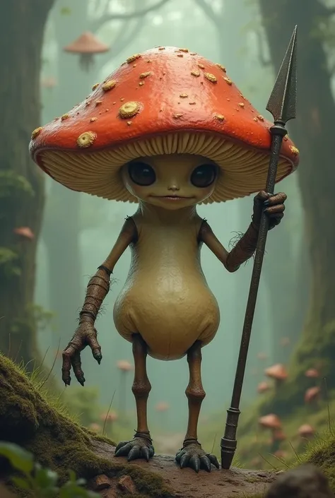 Short humanoid mushroom carrying a spear. He has no face , Just a trunk and the mushroom hat.