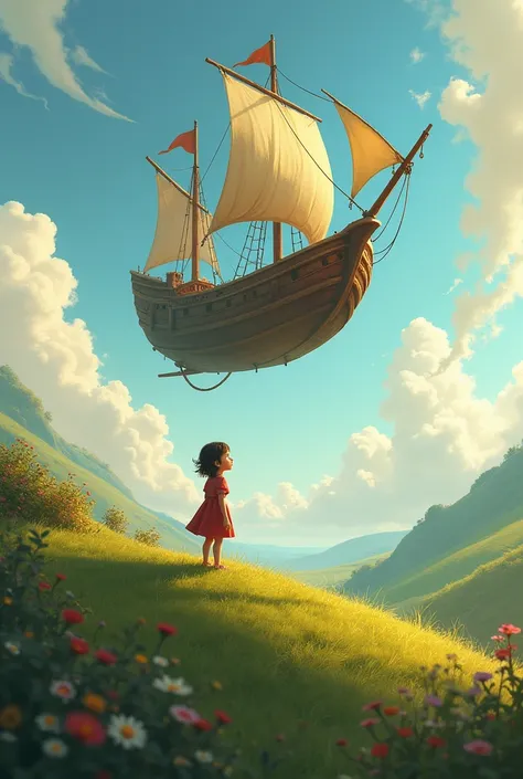 The old ship floating in the air, one little cute girl watching from the top the hill