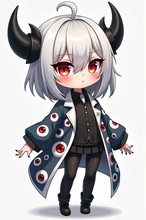 (masterpiece, best quality at the best level: 1.2) whole body alone, Cute chibi anime character with long legs, white hair, doctoral style outfit, red eyes, outfit decorated with many eyes, white hair with black roots 