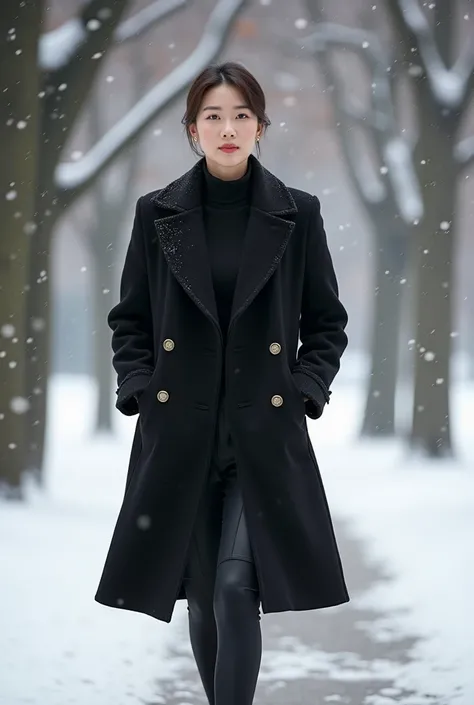   Beautiful Korean woman in her 50s   .   is walking through the park wearing a luxurious cashmere black coat and sweater  .  A really beautiful Korean woman in her 50s wearing a black coat    .   Snow blowing in the wind    .  Its snowing a lot  . Walking...