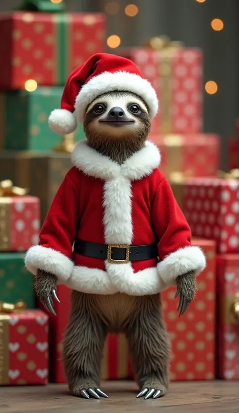  sloth cosplayed Santa Claus　 standing on two legs facing the front　Background Christmas gift pile 