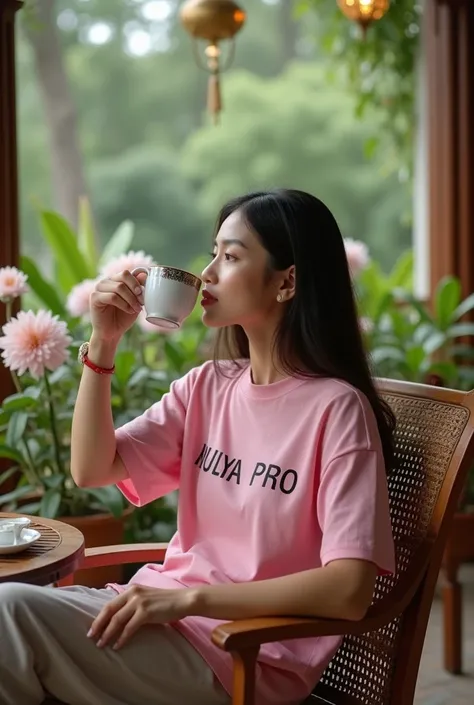 Syahrul Mstf A cinematic media featuring a beautiful woman from Indonesia A woman wearing a pink short-sleeved t-shirt that says MULYA PRO, sits on the terrace of a very magnificent house with lots of flower plants in pots, drinking tea and a luxurious cha...