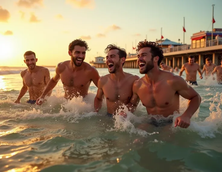 a group of young men, in their 20s, splashing around in the sea, at the coast, warm evening sun, long shadows, laughing, tanned, happy moments, worms eye view, gentle waves, pier and funfair visible in the distance, Panavision 360 colours