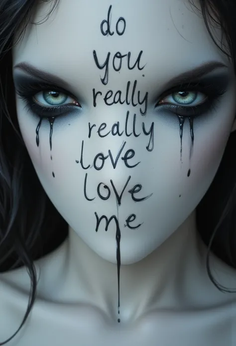 hyperrealistic porcelain texture, black cursive handwriting this exactly text: " do you really love me ? ", dripping black ink,  dramatic black eyeshadow, dark surreal aesthetic, gothic dreamlike atmosphere, smooth skin, artistic haunting style