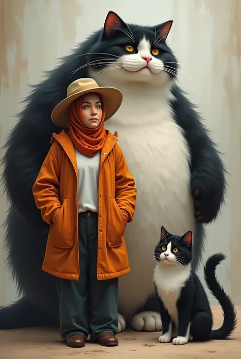 An obese woman wearing an orange hijab white shirt orange jacket medium hat with a giant tall angora cat with black white fur walking together 