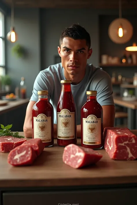 In front of Ronaldo there is a table 
 In the table there are meet product In bottle
 The name of product is  malabar