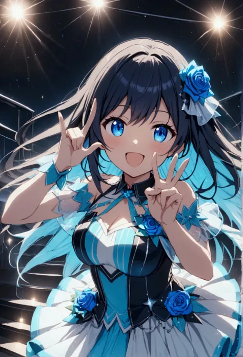 Anime Idol girl wearing an idol dress designed with blue and white colours with blue rose flowers she has blue eyes and dark blue inner hair as shes singing in a concert with a lot of lights as she strikes a peace hand sign as she smiles while singing