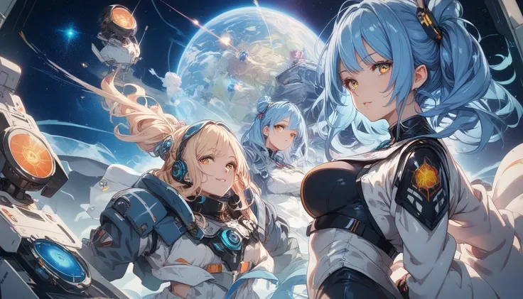 A mysterious happy  anime girl using futuristic computer in lab with chin-length blue hair and glowing amber eyes, dressed in a dark, black and silver space suit with reflective shoulder 
plates and intricate designs. She stands with her hands behind her b...