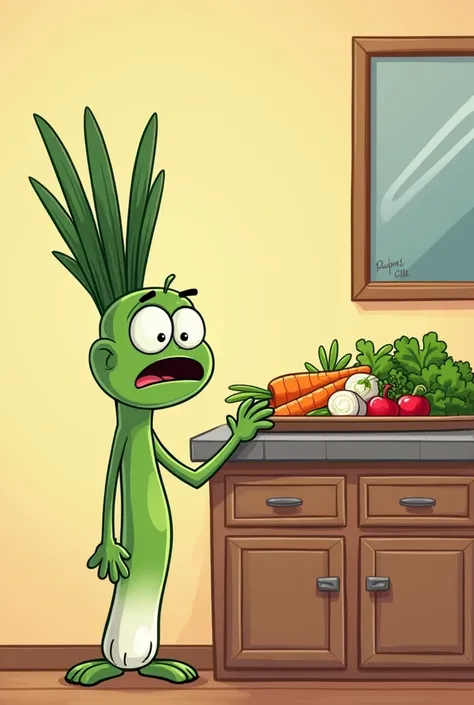 Two-dimensional cartoon of a worried chive next to the vegetable tray on the cabinet
