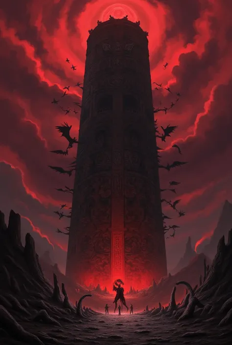 (Dark Fantasy),((A cylindrical scourge towering over the demon world 々Shii Tower ))、( monsters with wings are flying around the tower)、