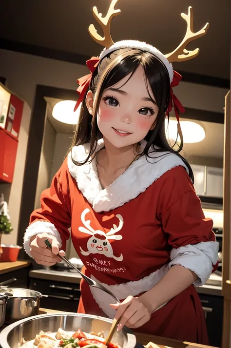 (masterpiece, best quality:1.1),
(popart style),flat color,girl,girl has reindeer antlers on her head,she is cooking christmas foodin kitchen,cute face,tween,room,beautiful lighting,very happy,dynamic pose,photographic portrait, sharp,Illustration by okama...