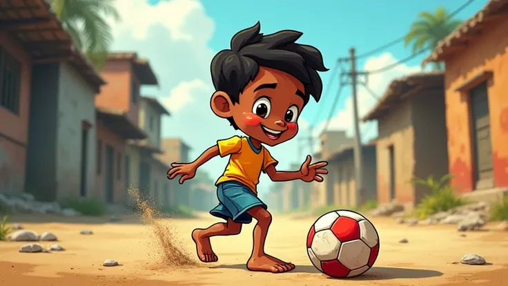 little bare foot Pele hits torn down ball,  cartoon style