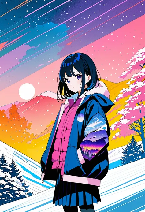 (masterpiece, best quality), woodblock print collage depicting,anime coloring,tween school girl,She is standing,(magic-hour,snow),december,splash color, collage art, contemporary art,