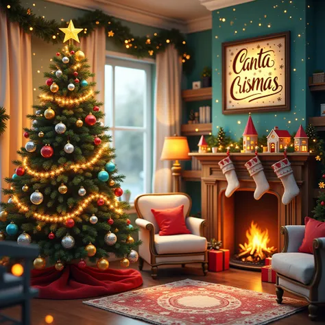 Design a whimsical aur magical Christmas living room scene, featuring a beautifully decorated Christmas tree, garlands, stockings, aur holiday-themed decorations. Incorporate the phrase Canta Crismas in a playful, cursive font on a wall, mantel, or Christm...