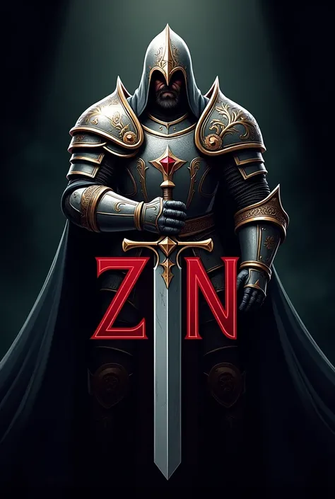 I need a logo that contains a warrior from the middle ages with his armor and sword ,  its about the game called Dark War where I have an alliance called Drones and its abbreviation is Zn, I want the logo to convey power and respect 