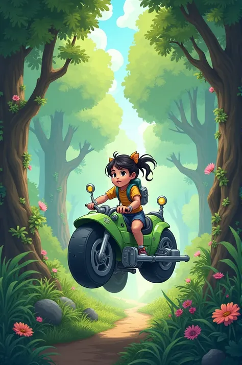 Illustration for the cartoon, a girl on a great science rides through the forest