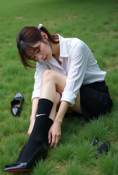 （  photorealism  ：1.2）、 Japanese model in her 20s 39 ;Thick legs、Female bank employee in uniform、23 year old beauty、Business Uniforms、 garden bends one leg on the grass 、 lying down and taking a nap 、 insert both hands below the knee 。  she wears super rea...