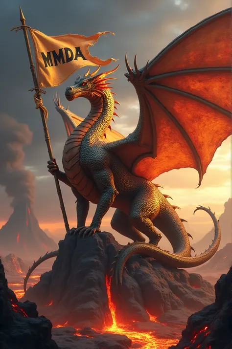 A majestic, ferocious dragon dominates the scene, its scales shimmering in hues of gold, crimson, and obsidian. Its massive wings are spread wide, with intricate patterns etched across their leathery surface, reflecting the glow of a fiery sky. The dragon’...